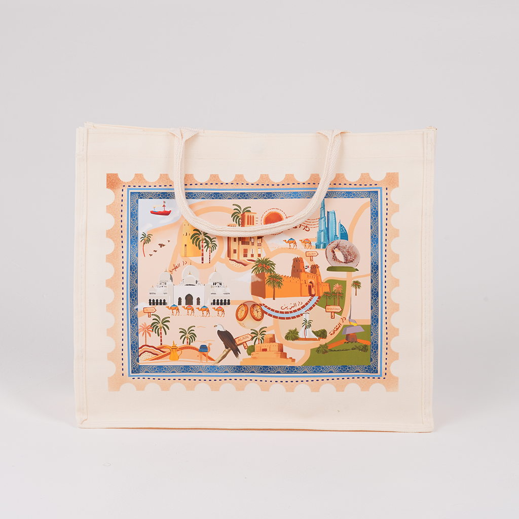 Cities Collection Large Waterproof Bag by Ekleel, cotton canvas bag with UAE landmarks design, Tashkeel, detail