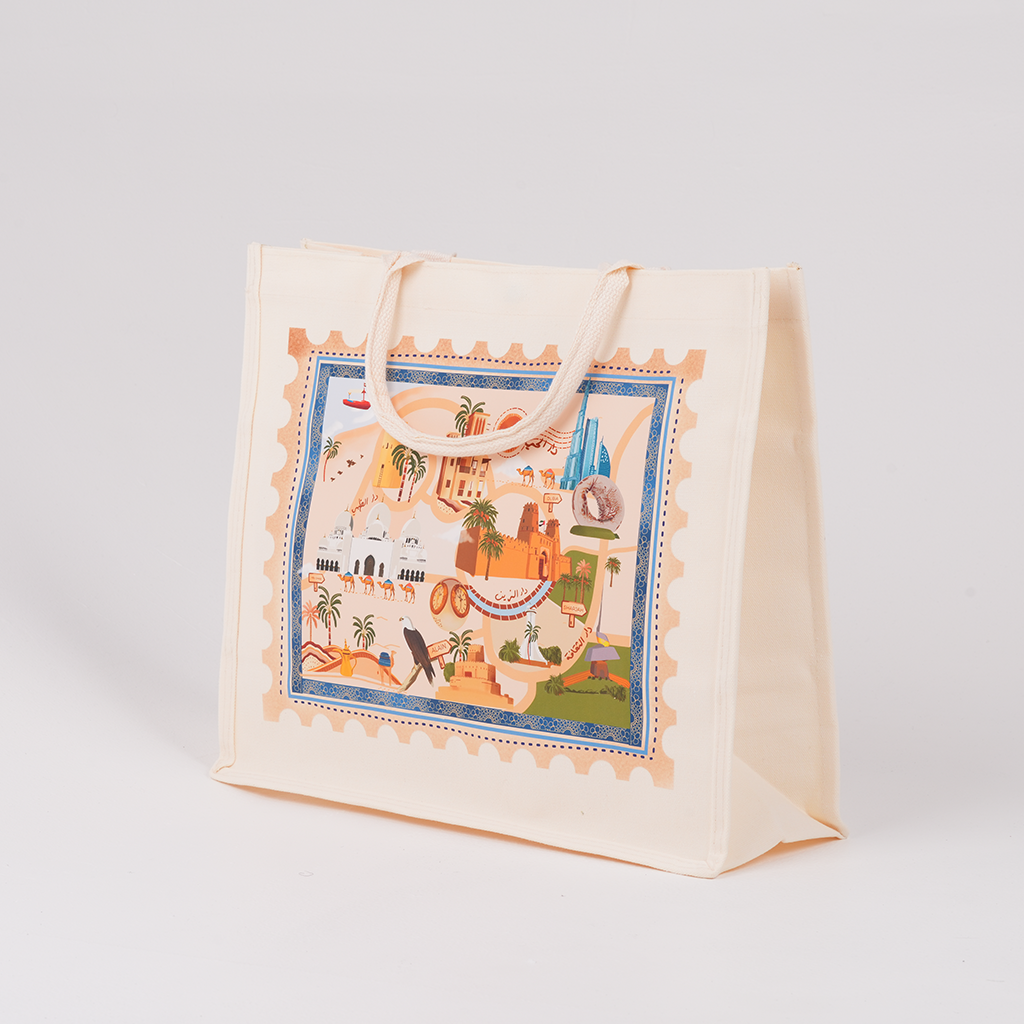 Cities Collection Large Waterproof Bag by Ekleel, cotton canvas bag with UAE landmarks design, Tashkeel