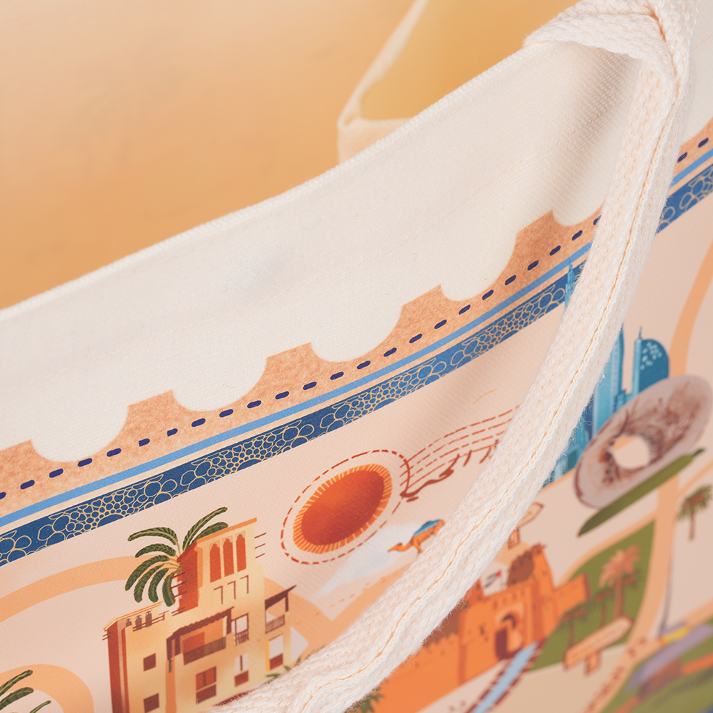 Cities Collection Large Waterproof Bag by Ekleel, cotton canvas bag with UAE landmarks design, Tashkeel, view 5