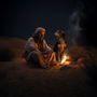Man and Saluki by Ghanim Mubarak Tashkeel, Arab man sitting with his Saluki dog by a fire at night.