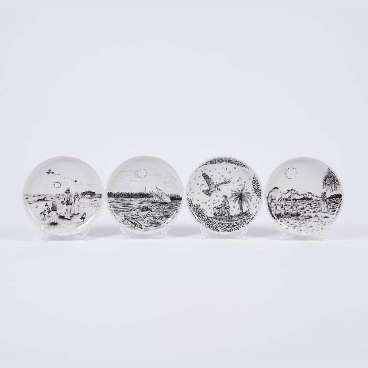 UAE Collection 1 Deep Small Plates by Gerbou – four deep small ceramic plates side by side on stands