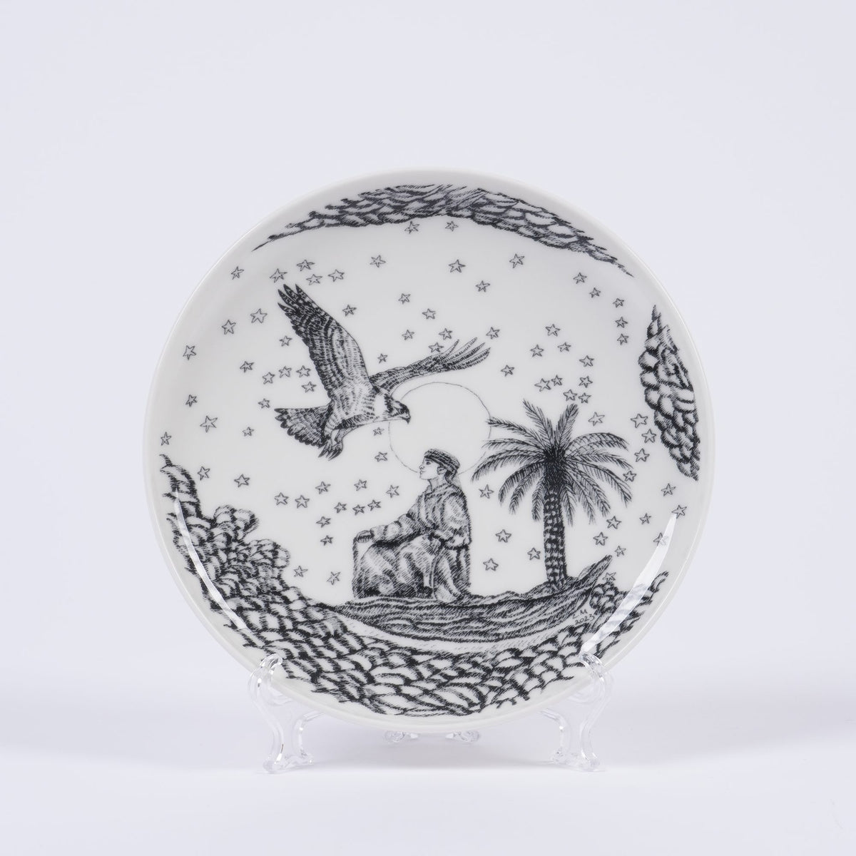 UAE Collection 1 Deep Small Plates by Gerbou – deep small plate with falcon, palm tree and seated figure under stars