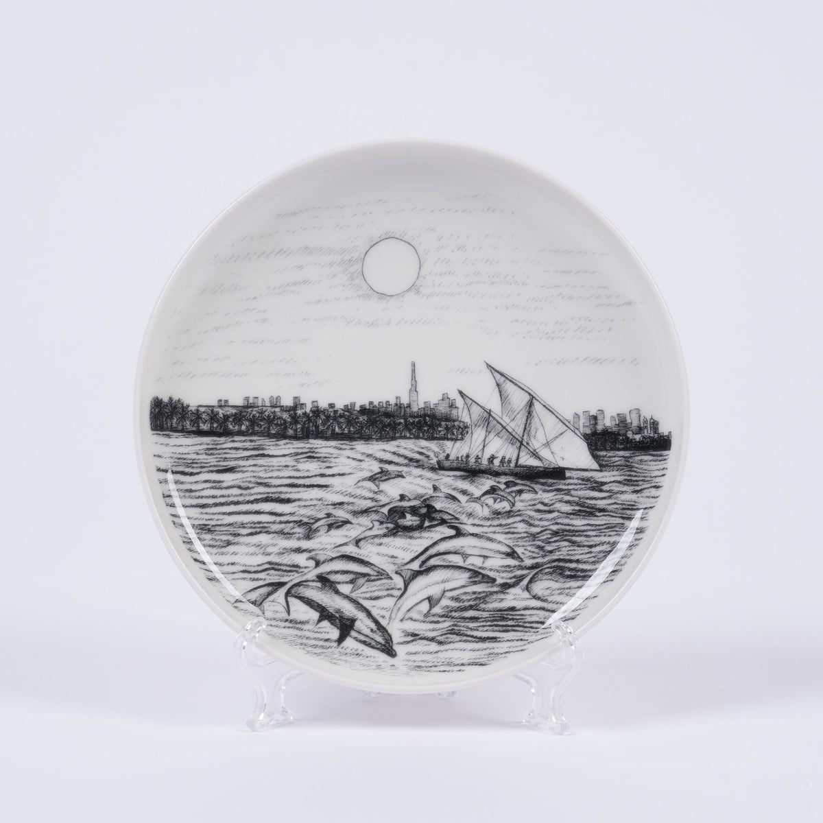UAE Collection 1 Deep Small Plates by Gerbou – deep small plate with a dhow, dolphins and the coastline