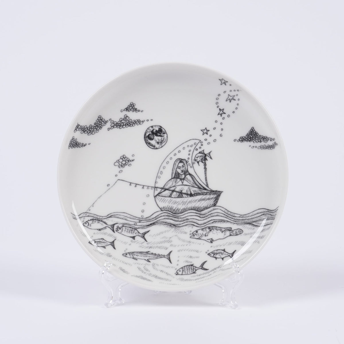 UAE Collection 2 Deep Small Plates by Gerbou – deep small plate with a woman in a boat, fish and stars