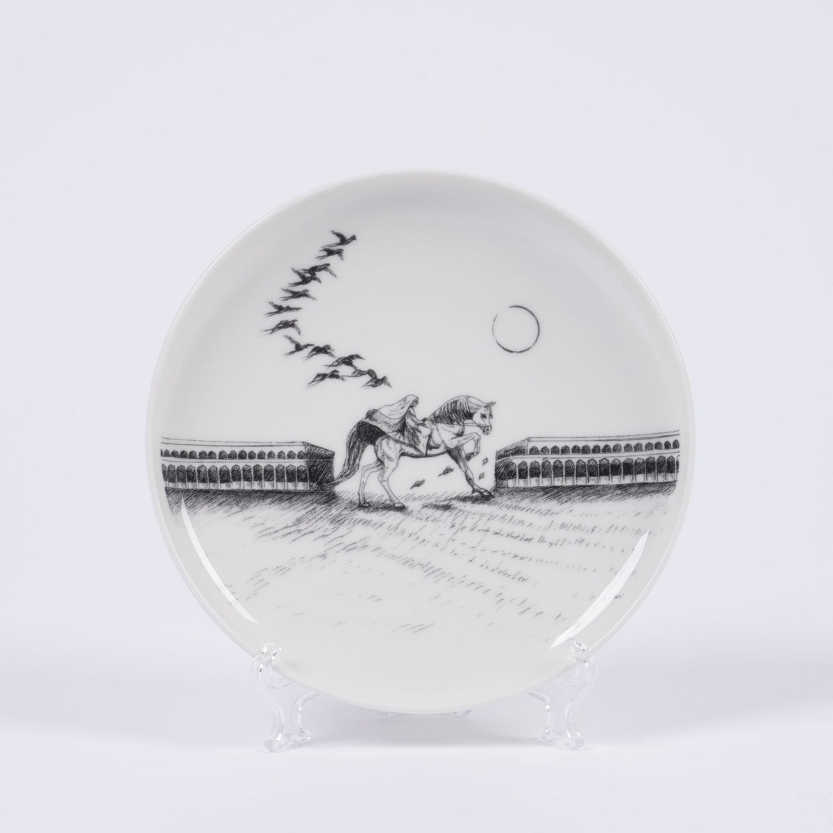 UAE Collection 2 Deep Small Plates by Gerbou – deep small plate with a rider, horse and flock of birds
