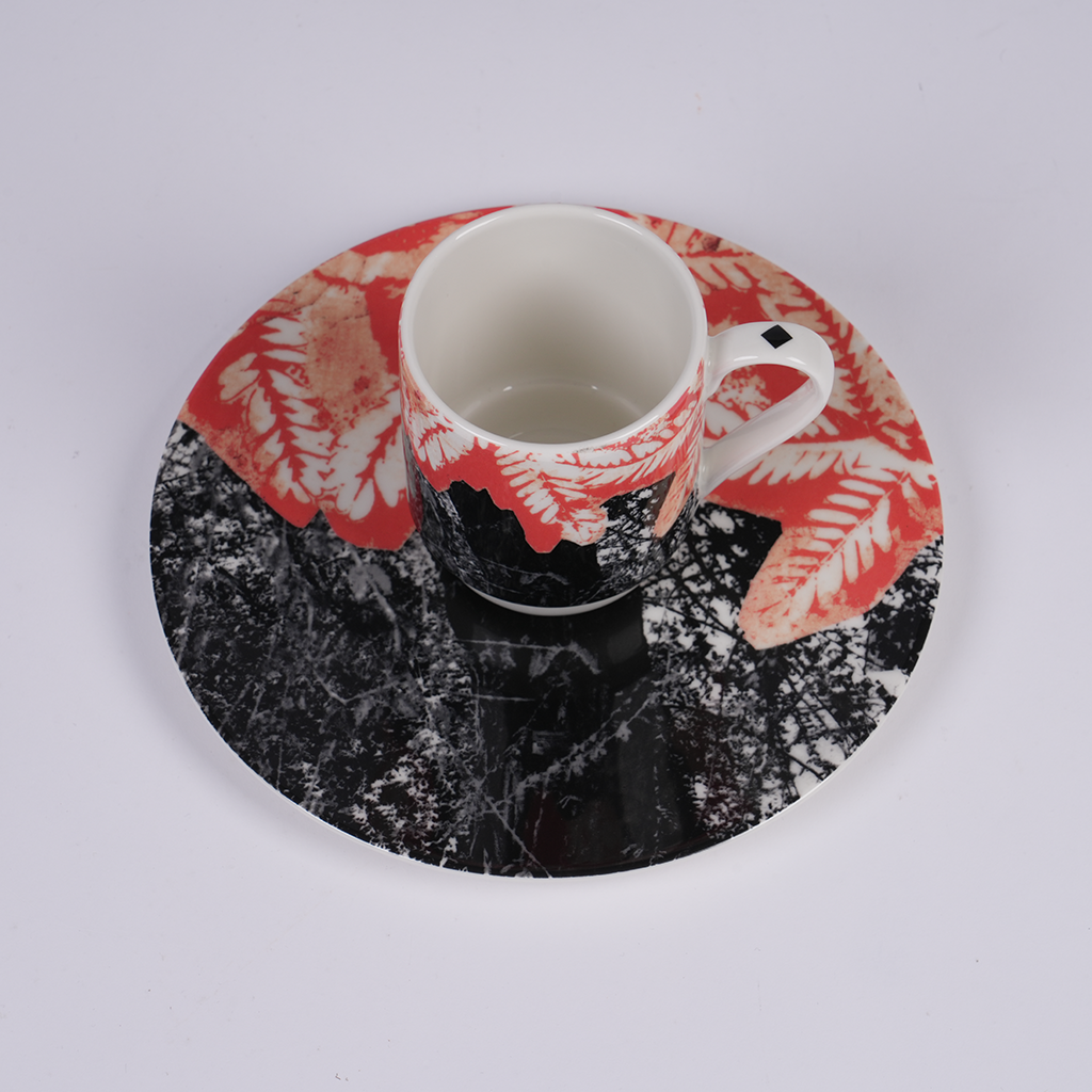 Ceramic mug and serving plate set with Moza Al Falasi artwork from the Unfolding exhibition (view 5)